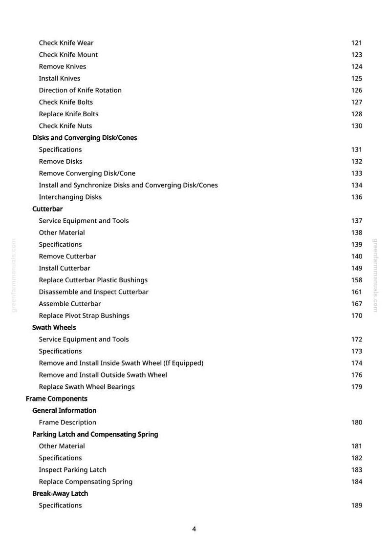 May include: A page from a manual with a table of contents. The text includes terms like "Check Knife Wear," "Remove Disks," and "Swath Wheels." The page number is visible in the right corner.