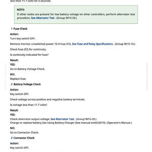 Puede incluir: Una p&aacute;gina de manual con instrucciones para verificar los datos de voltaje del sistema. El texto describe las comprobaciones de fusibles, bater&iacute;a y conectores. La p&aacute;gina es blanca con texto negro.
