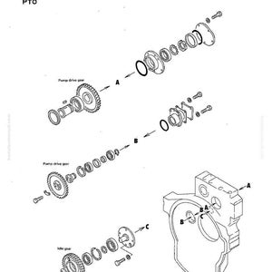 May include: An exploded diagram of a PTO (Power Take-Off) system, showing the structure and function of its components. The diagram includes pump drive gears, idle gears, and various mechanical parts, labeled with letters and arrows.