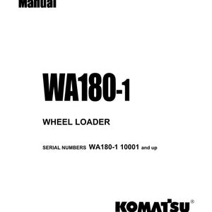 Puede incluir: Una portada de manual de taller blanca con texto negro. El t&iacute;tulo "Shop Manual" est&aacute; en la parte superior, y el n&uacute;mero de modelo "WA180-1" se muestra de forma destacada. El texto "WHEEL LOADER" est&aacute; debajo. El logotipo de Komatsu est&aacute; en la parte inferior.