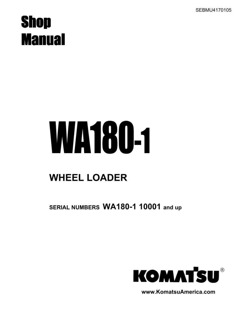 Puede incluir: Una portada de manual de taller blanca con texto negro. El t&iacute;tulo "Shop Manual" est&aacute; en la parte superior, y el n&uacute;mero de modelo "WA180-1" se muestra de forma destacada. El texto "WHEEL LOADER" est&aacute; debajo. El logotipo de Komatsu est&aacute; en la parte inferior.