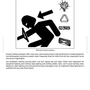 May include: Black and white illustration with the text "Use Safety Lights and Devices". The image shows a tractor silhouette with an arrow, and various safety symbols. Text below reads "TS951-UN: Prevent Collisions".