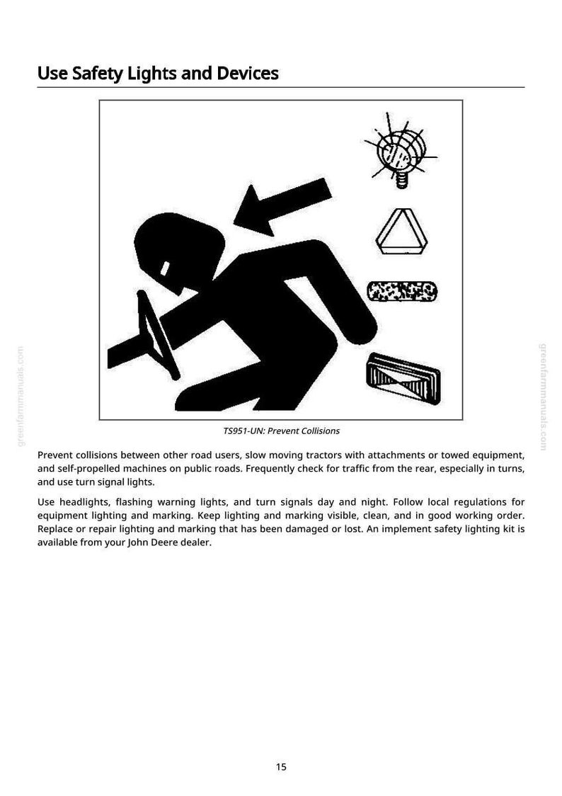 May include: Black and white illustration with the text "Use Safety Lights and Devices". The image shows a tractor silhouette with an arrow, and various safety symbols. Text below reads "TS951-UN: Prevent Collisions".