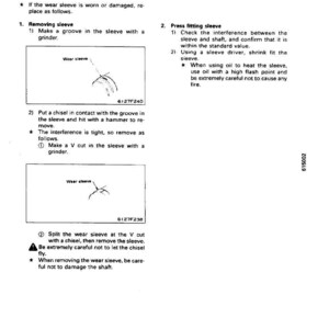 May include: A page from a repair manual detailing the process of replacing a wear sleeve. The text includes instructions on removing and pressing the sleeve, with diagrams and safety warnings. The page is in black and white.