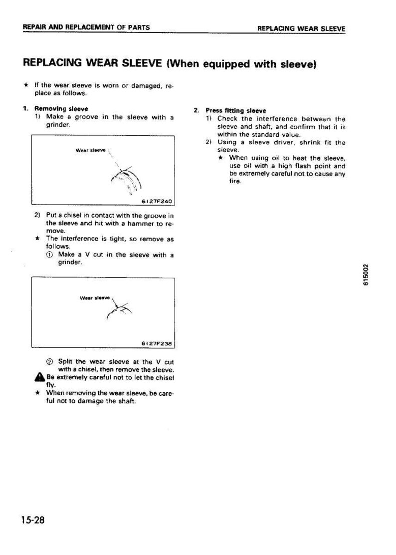 May include: A page from a repair manual detailing the process of replacing a wear sleeve. The text includes instructions on removing and pressing the sleeve, with diagrams and safety warnings. The page is in black and white.