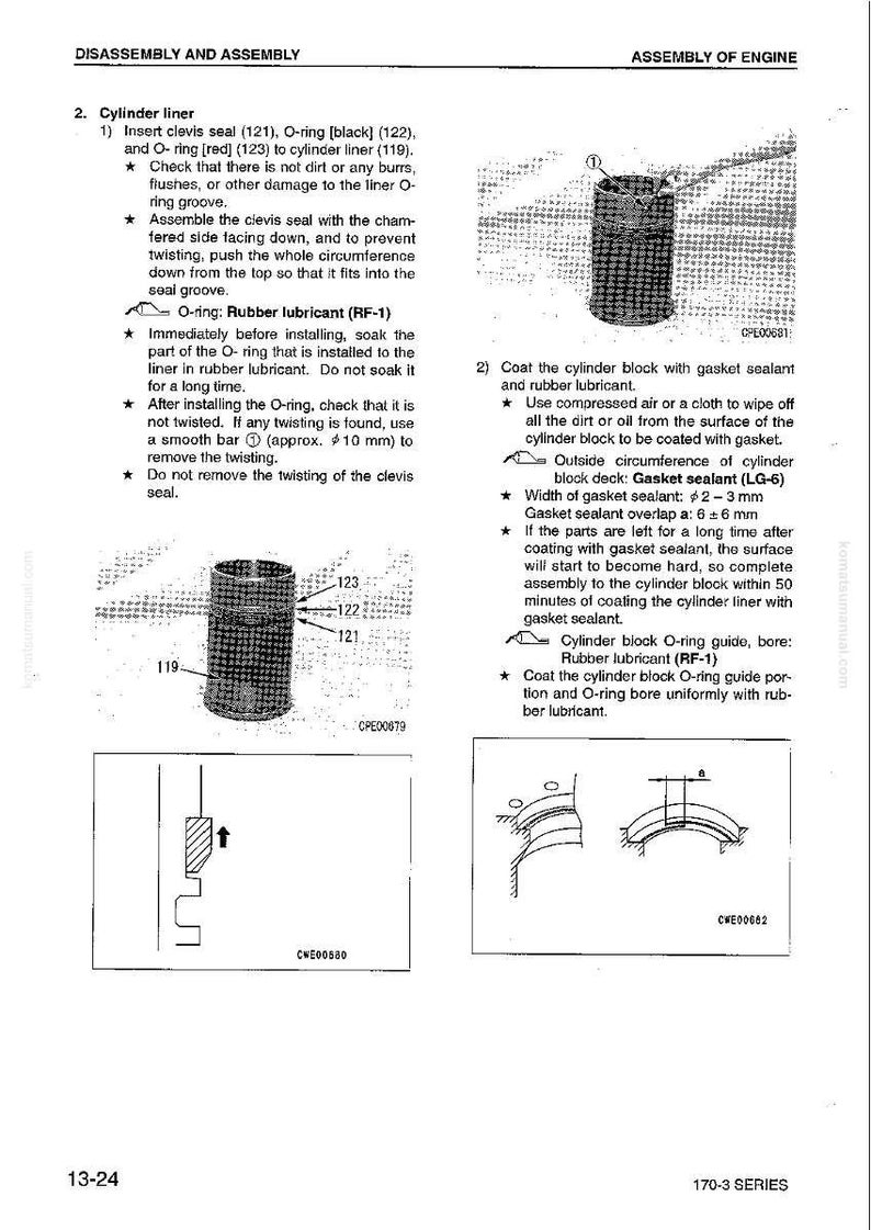 Op de afbeelding: Diagram uit een handleiding met instructies voor motorassemblage. Bevat illustraties van cilinderbussen, O-ringen en klinkafdichtingen. Tekst geeft stappen voor installatie en smering, met metingen in millimeters.