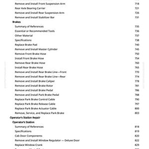 May include: A white page with a detailed table of contents for automotive repair, listing procedures like removing and installing brake components, suspension parts, and other vehicle systems. The page includes section numbers.