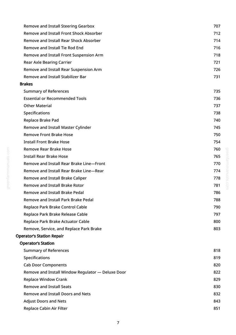 May include: A white page with a detailed table of contents for automotive repair, listing procedures like removing and installing brake components, suspension parts, and other vehicle systems. The page includes section numbers.
