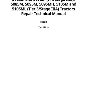 Op de afbeelding: Witte pagina met zwarte tekst. De tekst luidt: 5065M en 5075M Tractoren Reparatie Technische Handleiding. Bevat ook modelnummers en de publicatiedatum: 1 april 2022. Het woord "Reparatie" is ook zichtbaar.