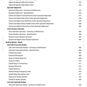 Puede incluir: Una p&aacute;gina de manual con una lista de procedimientos de reparaci&oacute;n mec&aacute;nica, incluyendo la alineaci&oacute;n de la rueda dentada, la rueda dentada del desviador de cadena y la reparaci&oacute;n del sistema de frenado. La p&aacute;gina tambi&eacute;n enumera los procedimientos para ejes con frenos neum&aacute;ticos e hidr&aacute;ulicos.