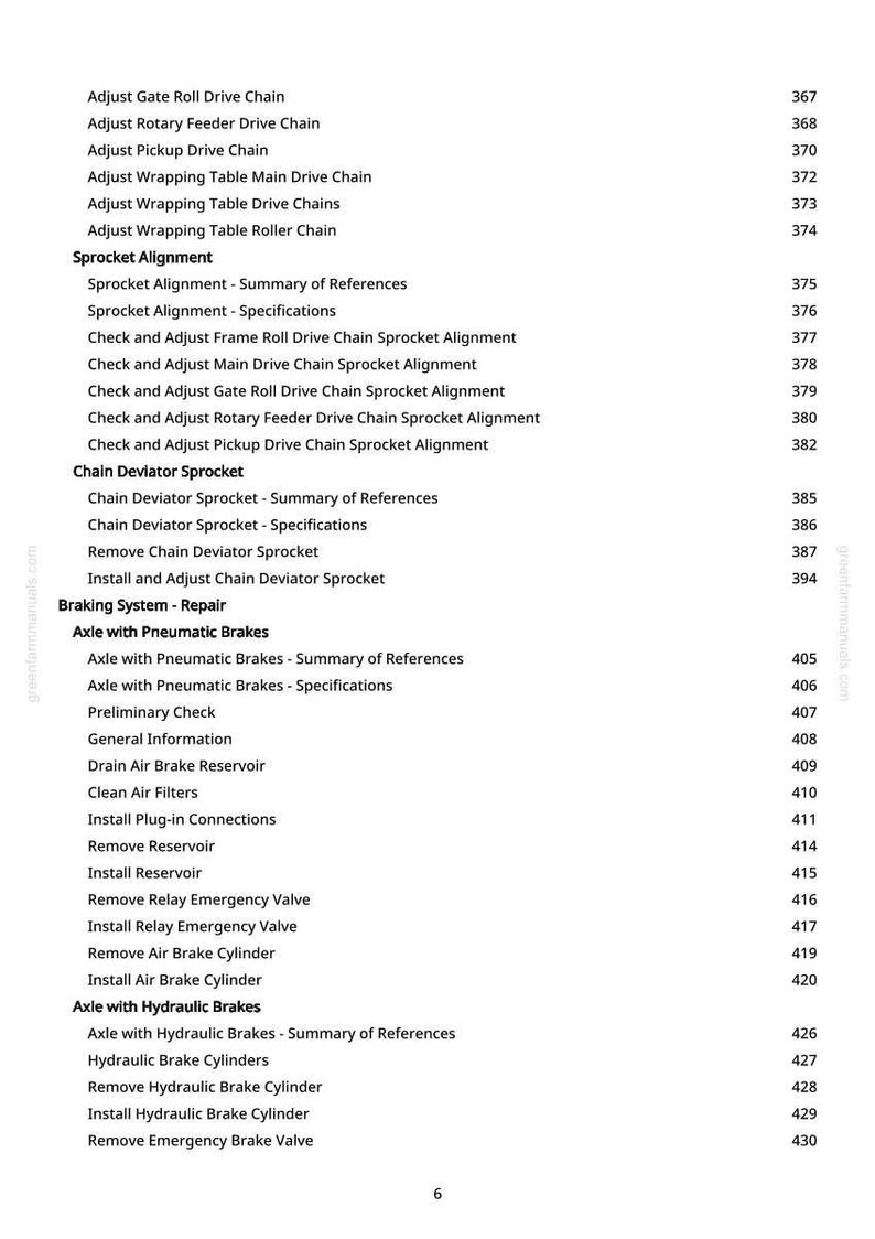 Puede incluir: Una p&aacute;gina de manual con una lista de procedimientos de reparaci&oacute;n mec&aacute;nica, incluyendo la alineaci&oacute;n de la rueda dentada, la rueda dentada del desviador de cadena y la reparaci&oacute;n del sistema de frenado. La p&aacute;gina tambi&eacute;n enumera los procedimientos para ejes con frenos neum&aacute;ticos e hidr&aacute;ulicos.