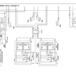 K&ouml;nnte beinhalten: Ein detailliertes hydraulisches Diagramm, Blatt 3 von 4, mit dem Titel "HYDRAULIC DIAGRAM (SHEET 3 OF 4) - FOLDOUT 13". Das Diagramm ist in Schwarzwei&szlig; gehalten und zeigt verschiedene miteinander verbundene Komponenten und Leitungen. Das Diagramm enth&auml;lt Text und Beschriftungen.
