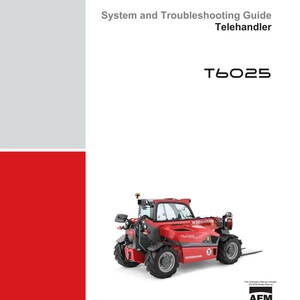 May include: A red and black Weidemann T6025 Telehandler on a white background. The cover of the System and Troubleshooting Guide is visible. The Weidemann logo is at the top, and the AEM member logo is at the bottom.