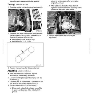 May include: A technical diagram from a manual detailing the process of checking and adjusting an air conditioner compressor belt tension. The image includes diagrams, measurements, and instructions for the procedure.