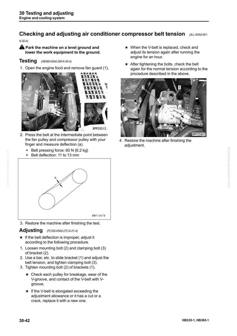 May include: A technical diagram from a manual detailing the process of checking and adjusting an air conditioner compressor belt tension. The image includes diagrams, measurements, and instructions for the procedure.