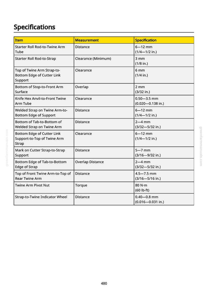 May include: A detailed specifications chart with measurements in inches and millimeters. The chart includes items like "Starter Roll Rod-to-Twine Arm Tube" and "Twine Arm Pivot Nut," with corresponding measurements and specifications.
