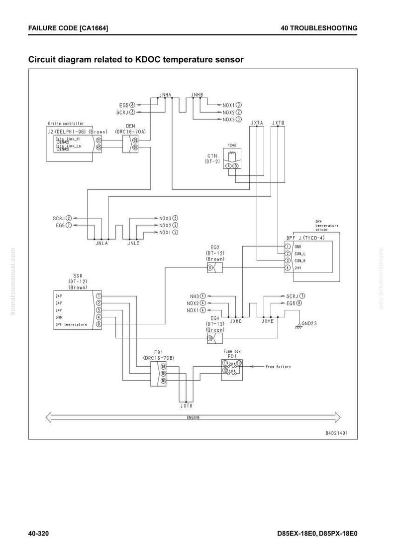 May include: A detailed circuit diagram related to the KDOC temperature sensor, with text labels and component symbols. The diagram includes engine controller, DEM, SSR, EG2, EG4, and fuse box components. The diagram is in black and white.