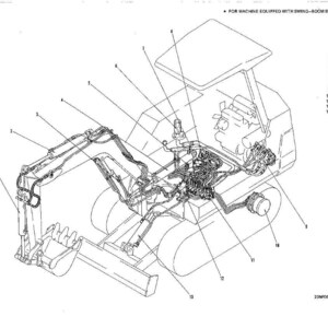 May include: Line drawing of a compact excavator, labeled with numbered parts including bucket cylinder, arm cylinder, and boom swing cylinder. The diagram is for a machine equipped with a swing-boom swing selector pedal.