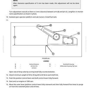 Pu&ograve; includere: Diagramma tecnico di un componente del trattore, con componenti etichettati A, B, C, D ed E. Il diagramma include misurazioni e istruzioni per la regolazione, con una nota su un gioco di 3 mm. Il testo include "PY5200-UN" e una legenda.