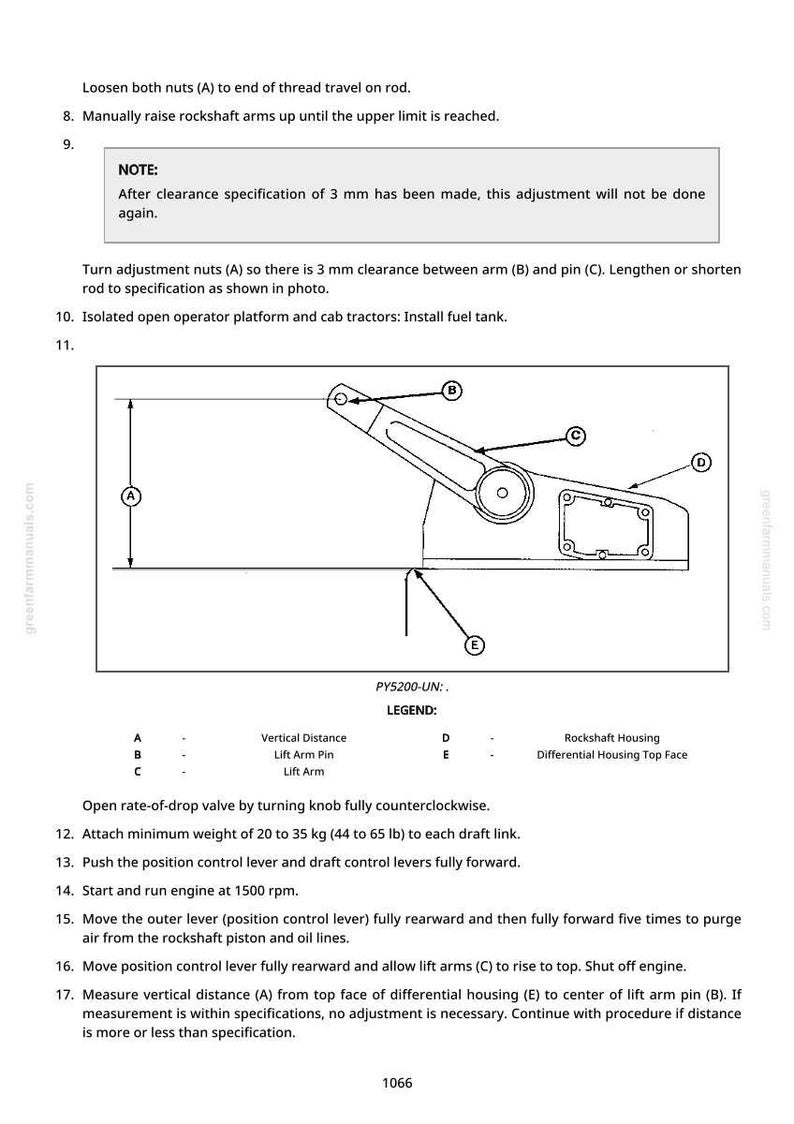 Pu&ograve; includere: Diagramma tecnico di un componente del trattore, con componenti etichettati A, B, C, D ed E. Il diagramma include misurazioni e istruzioni per la regolazione, con una nota su un gioco di 3 mm. Il testo include "PY5200-UN" e una legenda.