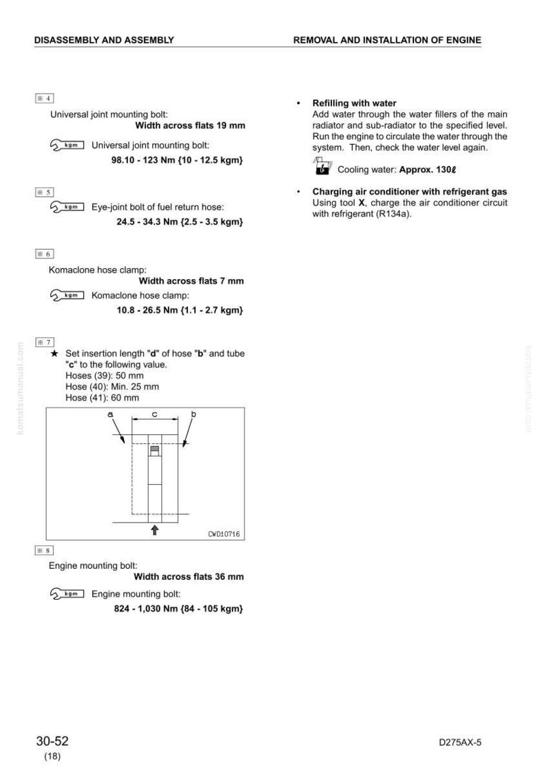 Puede incluir: Un diagrama t&eacute;cnico de un manual que detalla el desmontaje y montaje del motor. Incluye medidas para pernos y abrazaderas, como un perno de montaje de junta universal con un ancho entre caras de 19 mm. Tambi&eacute;n hay instrucciones para rellenar agua y cargar el aire acondicionado.