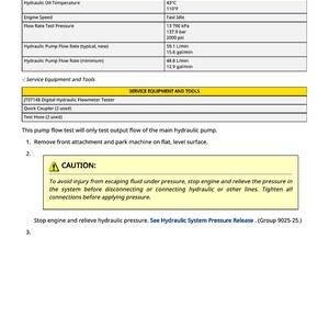May include: A technical document titled "Hydraulic Pump Flow Test - Auxiliary Coupler Connection" with specifications for hydraulic oil temperature, engine speed, and flow rate test pressure. Includes a caution about escaping fluid and a list of service equipment.