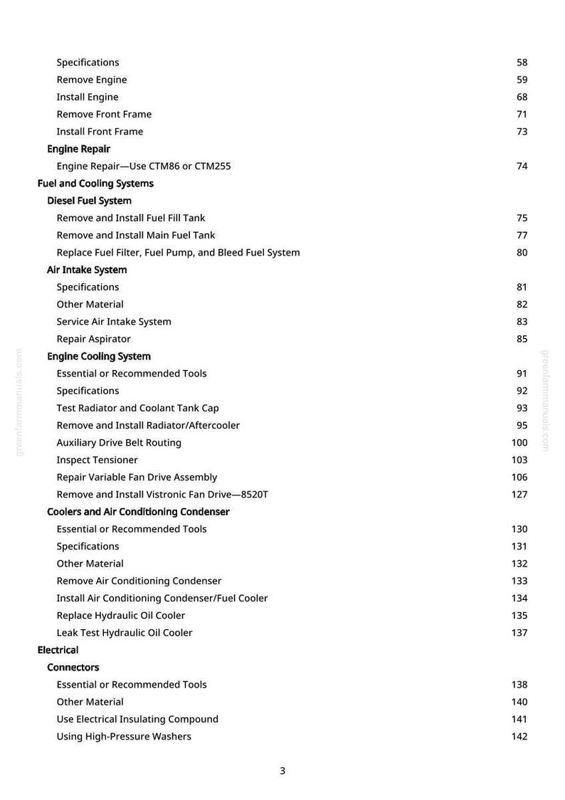 May include: A page from a manual with a table of contents. The document lists various automotive repair topics, including engine repair, fuel systems, air intake, and cooling systems. Page numbers are listed on the right.