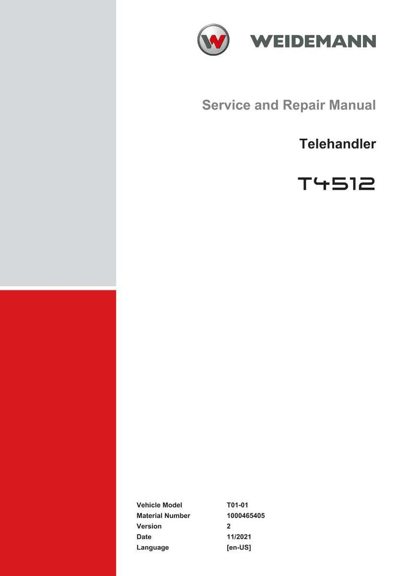 May include: A white document with the Weidemann logo, the text "Service and Repair Manual," and "Telehandler T4512." Additional text includes vehicle model, material number, version, date, and language.