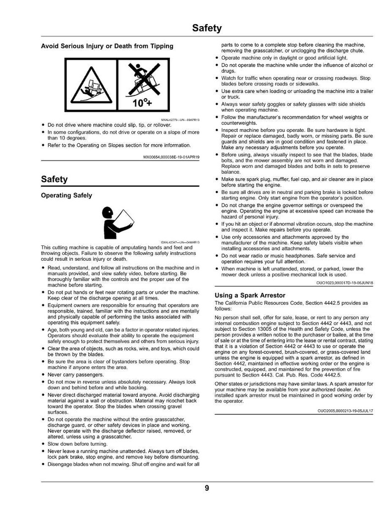 May include: Safety instructions document with warnings about operating a machine. Includes diagrams of a machine tipping over and a person operating the machine. Text includes warnings about injury and death.