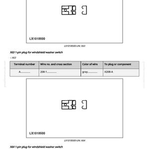 May include: Diagram of a windshield washer switch, labelled "LX1018500" and "X63 1-pin plug for windshield washer switch." Includes a table with wire details, including a grey wire. The diagram also shows a similar design for X64.