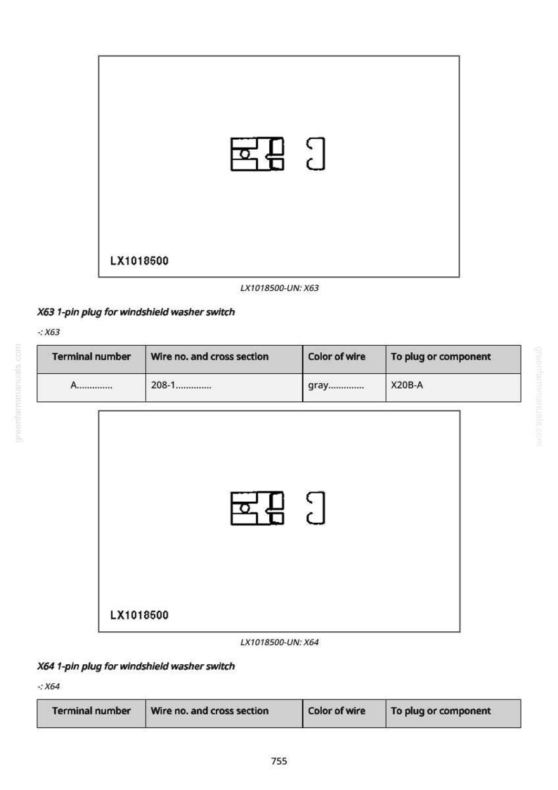 May include: Diagram of a windshield washer switch, labelled "LX1018500" and "X63 1-pin plug for windshield washer switch." Includes a table with wire details, including a grey wire. The diagram also shows a similar design for X64.