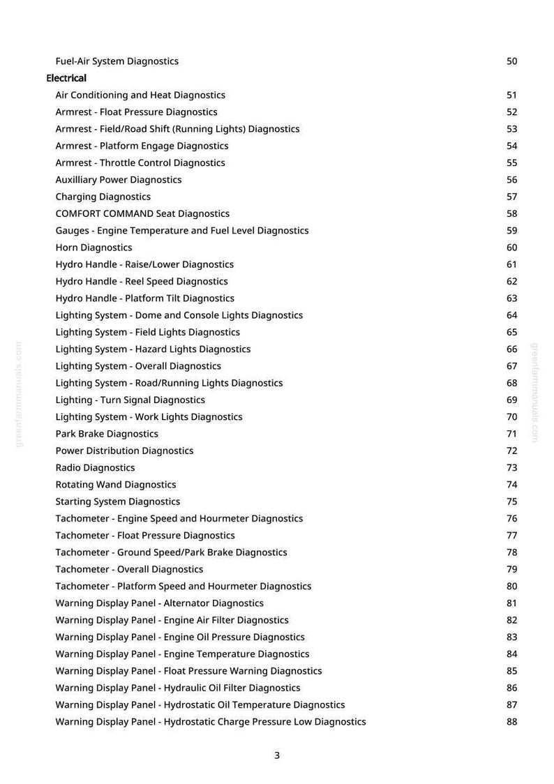 May include: A page from a manual with a list of automotive diagnostic tests. The list includes electrical system diagnostics, such as air conditioning, lighting, and warning display panel tests. The page number is 3.