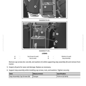 May include: Diagram of tractor step assembly with labels for cap screws, nuts, washers, and step assembly. Instructions include removing and inspecting parts. Torque specification for cap screws is 52 lb-ft.