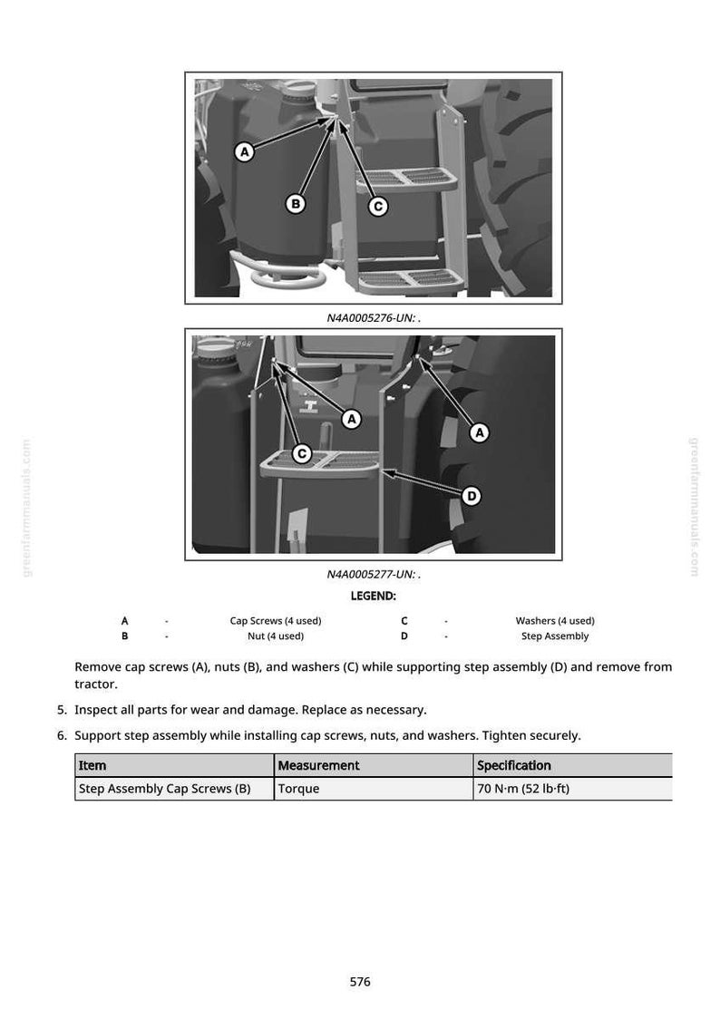 May include: Diagram of tractor step assembly with labels for cap screws, nuts, washers, and step assembly. Instructions include removing and inspecting parts. Torque specification for cap screws is 52 lb-ft.