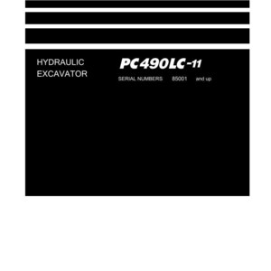 K&ouml;nnte beinhalten: Schwarz-wei&szlig;es Shop-Handbuch-Cover f&uuml;r einen Hydraulikbagger. Das Handbuch enth&auml;lt das Modell PC490LC-11, die Seriennummern 85001 und h&ouml;her sowie das Komatsu-Logo.