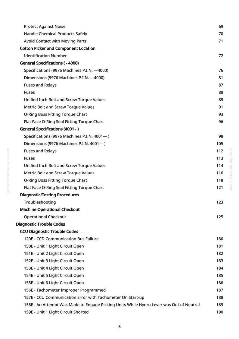 May include: A detailed table of contents from a manual, with headings and page numbers. Topics include specifications, fuses, troubleshooting, and diagnostic trouble codes. The text is in black on a white background.