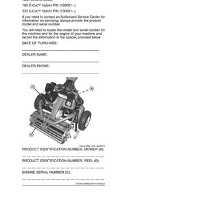 May include: Product identification document for a Walk Greens Mower. Includes record identification numbers, spaces for dealer information, and diagrams of mower components. Text includes model and serial number information.