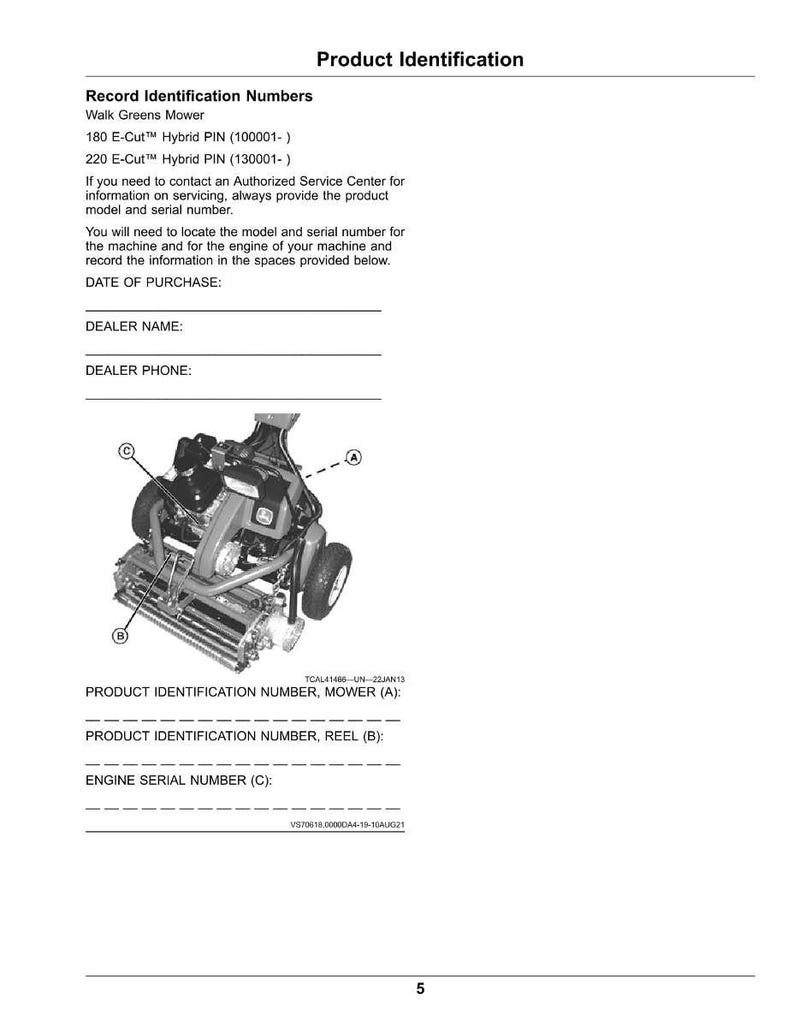 May include: Product identification document for a Walk Greens Mower. Includes record identification numbers, spaces for dealer information, and diagrams of mower components. Text includes model and serial number information.