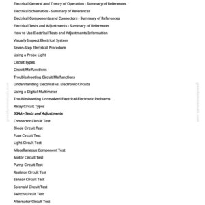 K&ouml;nnte beinhalten: Eine wei&szlig;e Seite mit dem Titel "Electrical Tests and Adjustments - Summary of References" und einer Liste von elektrischen Tests und Verfahren. Der Text enth&auml;lt Begriffe wie "Circuit Malfunctions" und "Diode Circuit Test".