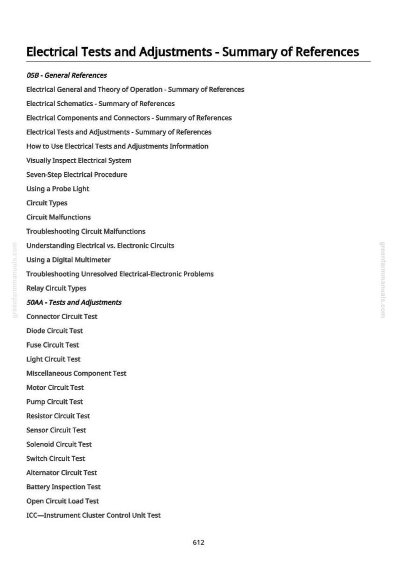 K&ouml;nnte beinhalten: Eine wei&szlig;e Seite mit dem Titel "Electrical Tests and Adjustments - Summary of References" und einer Liste von elektrischen Tests und Verfahren. Der Text enth&auml;lt Begriffe wie "Circuit Malfunctions" und "Diode Circuit Test".