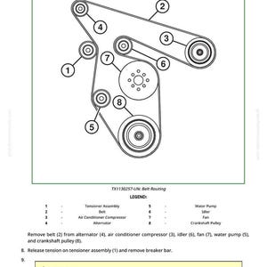 May include: Diagram of a belt routing system for a vehicle, showing the arrangement of belts, pulleys, and components like the tensioner assembly, air conditioner compressor, and alternator. Includes a caution about fan blades.