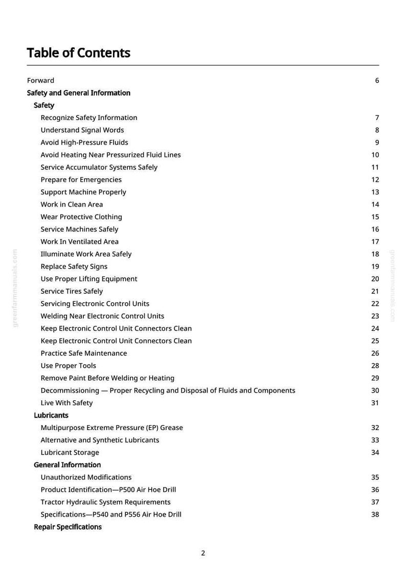 May include: A white page with a black table of contents for a manual. The table lists safety information, including topics like "Avoid High-Pressure Fluids" and "Wear Protective Clothing."