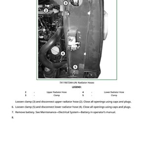 Op de afbeelding: Zwart-wit diagram van een motorruimte van een voertuig, met nadruk op radiatorslangen en klemmen. Tekstlabels identificeren componenten en geven onderhoudsinstructies. De afbeelding bevat de tekst "TX1190724A-UN: Radiator Hoses."