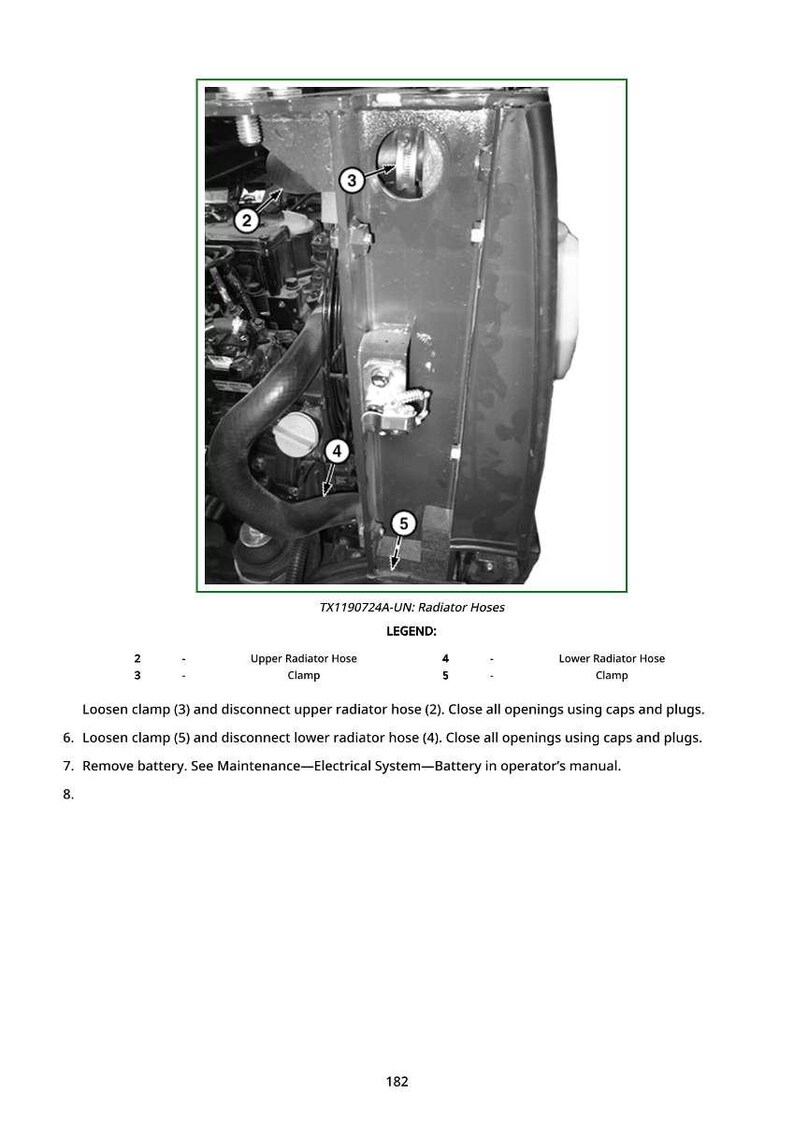 Op de afbeelding: Zwart-wit diagram van een motorruimte van een voertuig, met nadruk op radiatorslangen en klemmen. Tekstlabels identificeren componenten en geven onderhoudsinstructies. De afbeelding bevat de tekst "TX1190724A-UN: Radiator Hoses."