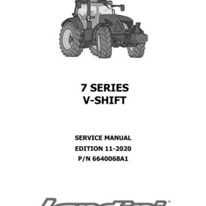 Op de afbeelding: Zwart-wit illustratie van een tractor, met de tekst "7 SERIES V-SHIFT". De afbeelding bevat ook de tekst "SERVICE MANUAL EDITION 11-2020 P/N 6640068A1" en het Landini-logo.