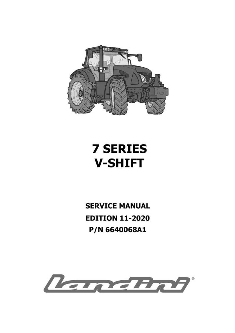 Op de afbeelding: Zwart-wit illustratie van een tractor, met de tekst "7 SERIES V-SHIFT". De afbeelding bevat ook de tekst "SERVICE MANUAL EDITION 11-2020 P/N 6640068A1" en het Landini-logo.