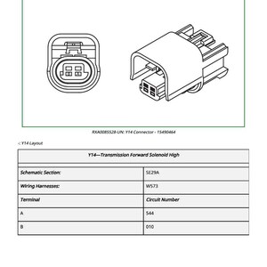 May include: Diagram of a Y14 Transmission Forward (High) Solenoid Valve, showing a connector and a schematic. The image includes text labels and a table with technical specifications, including wiring harnesses and circuit numbers.