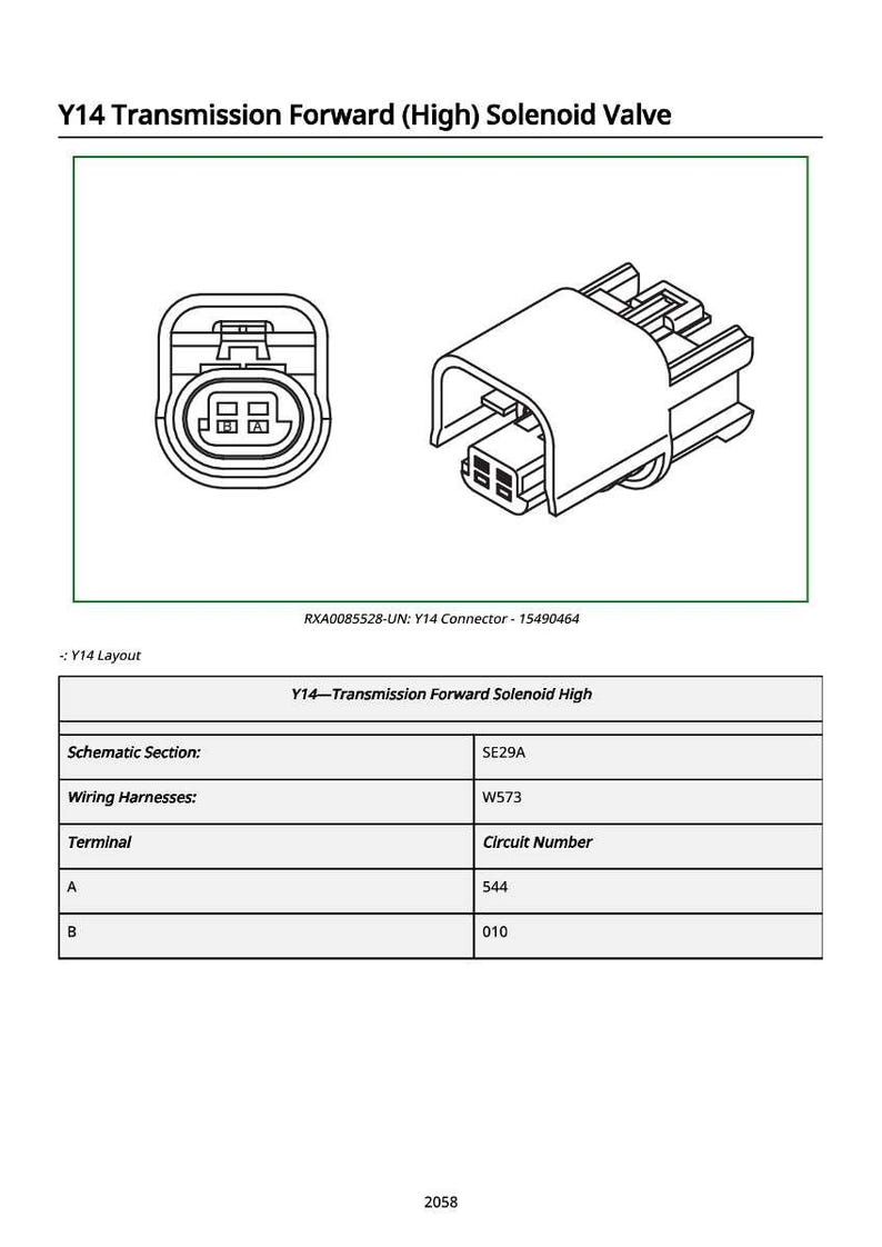May include: Diagram of a Y14 Transmission Forward (High) Solenoid Valve, showing a connector and a schematic. The image includes text labels and a table with technical specifications, including wiring harnesses and circuit numbers.