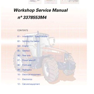May include: A workshop service manual for the Massey Ferguson 7400 tractor. The cover features a detailed illustration of the tractor in orange and white. The manual's title and number are prominently displayed, along with a table of contents.