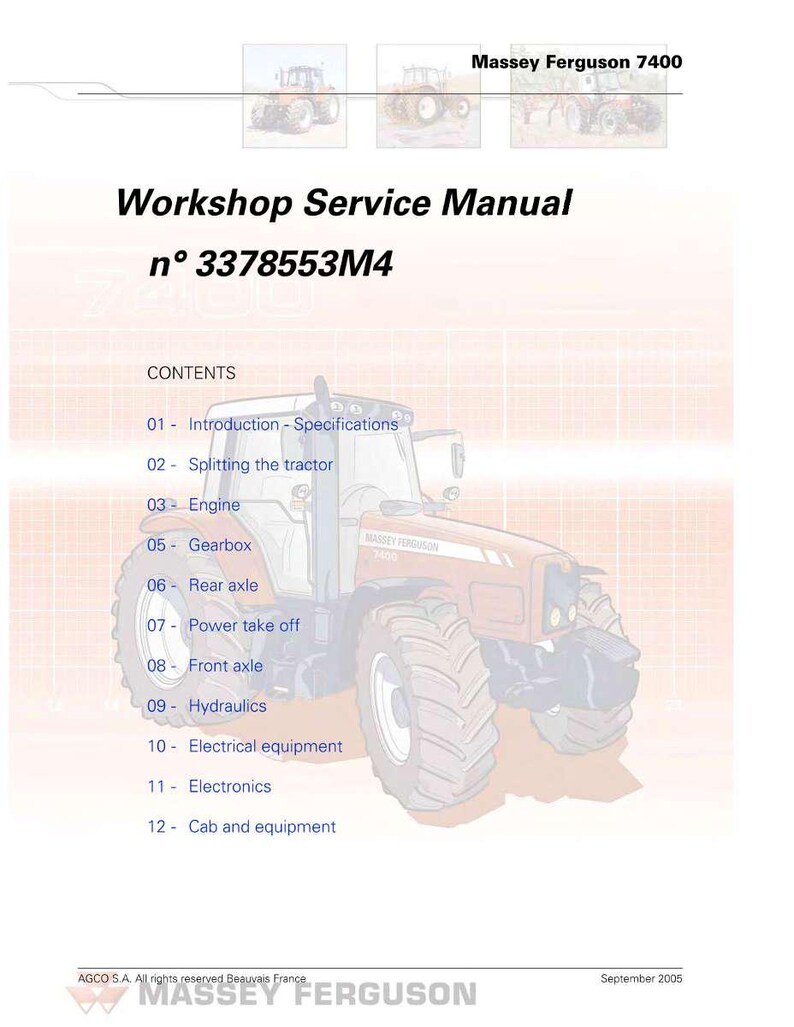 May include: A workshop service manual for the Massey Ferguson 7400 tractor. The cover features a detailed illustration of the tractor in orange and white. The manual's title and number are prominently displayed, along with a table of contents.